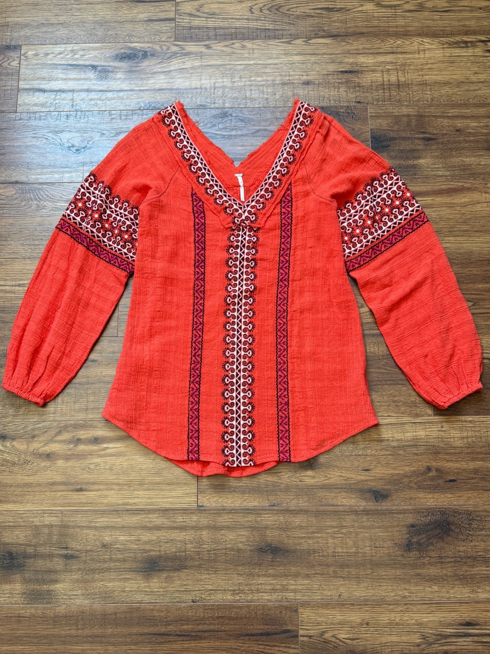 Free People Women's Double V Neck Raw Hem Gauzy Coral Boho Blouse Size Small